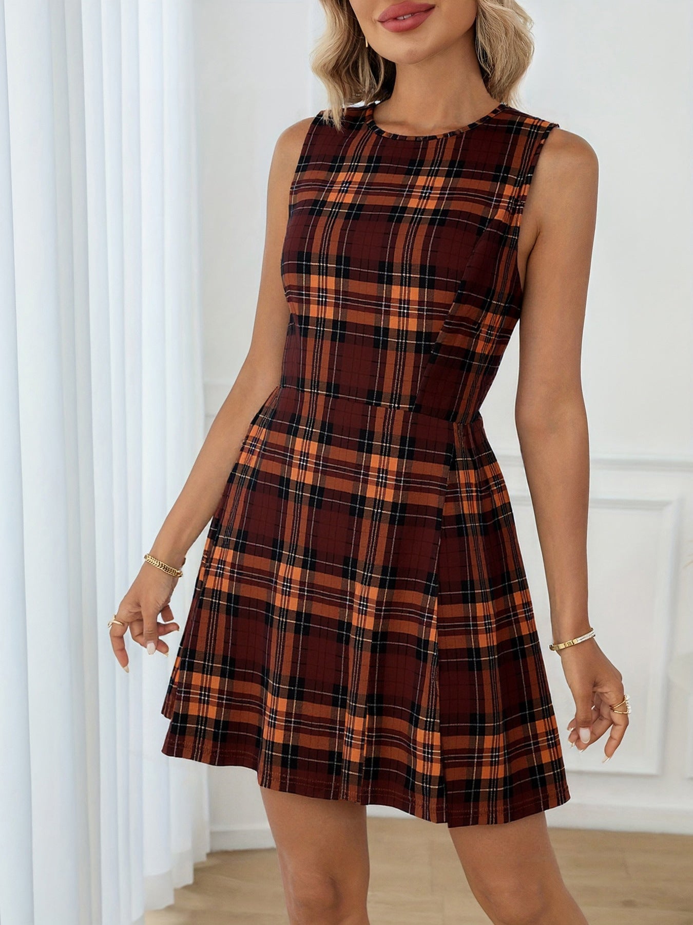 Women’s Sleeveless Plaid A-Line Mini Dress – Casual Fit and Flare Tank Dress