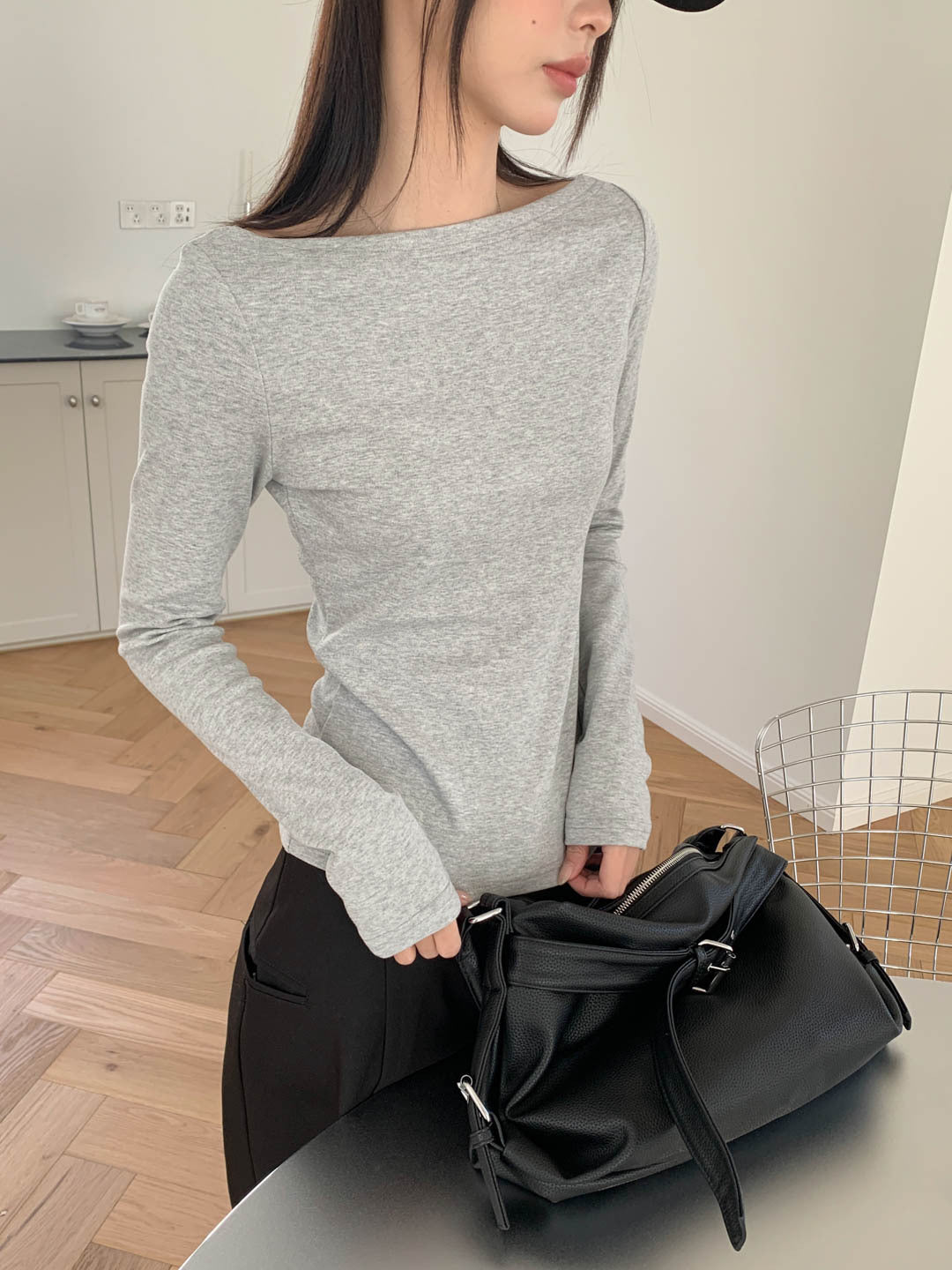 Women's Boat Neck Long Sleeve Slim Fit Top – Solid Basic Stretch Tee