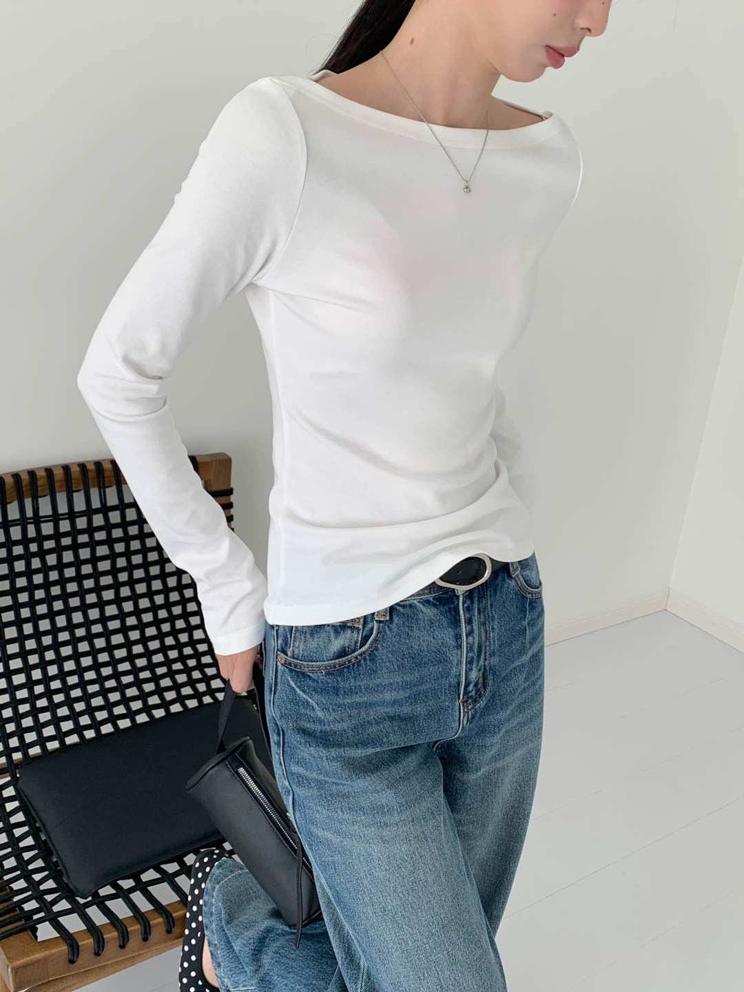 Women's Boat Neck Long Sleeve Slim Fit Top – Solid Basic Stretch Tee