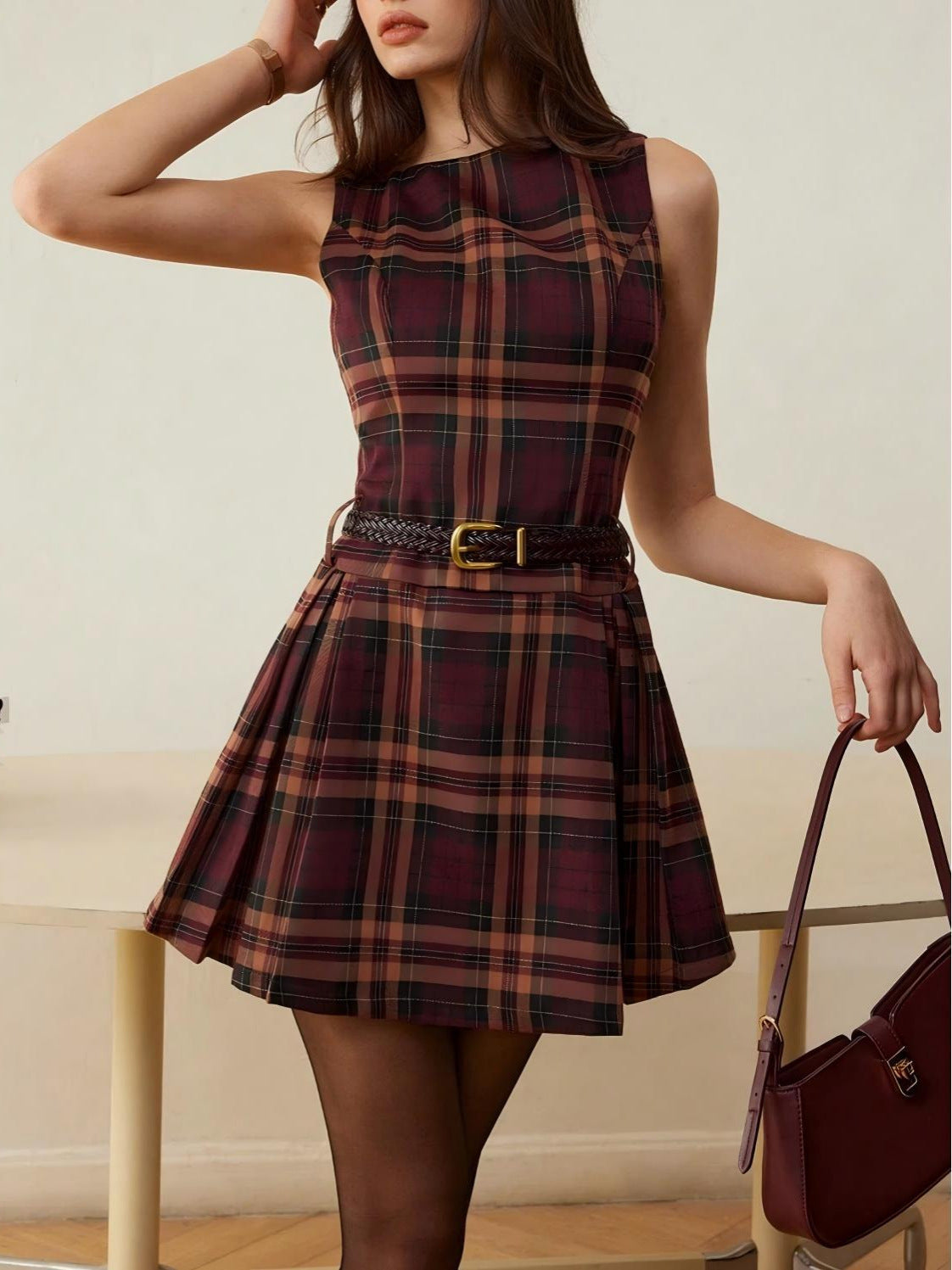 Women’s Sleeveless Plaid A-Line Mini Dress – Casual Fit and Flare Tank Dress