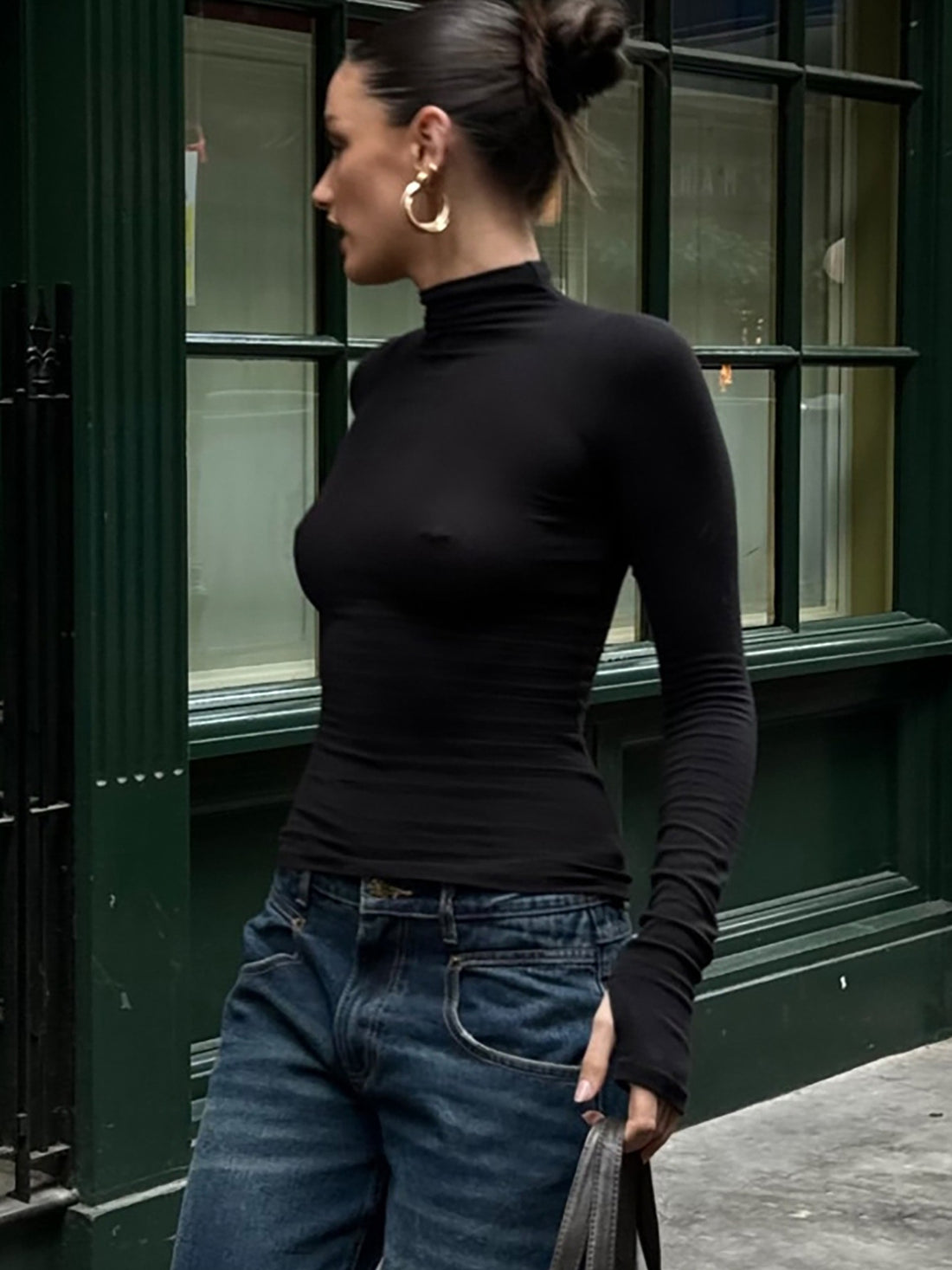 Women's Mock Neck Long Sleeve Crop Top – Slim Fit Solid Black Basic Tee