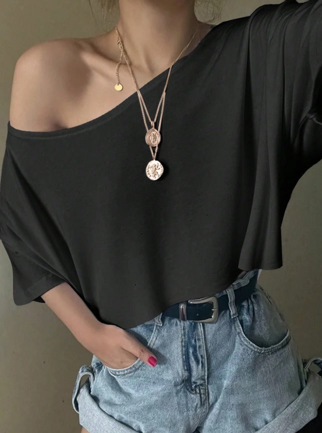Women’s Off Shoulder Loose Fit T-Shirt – Casual Short Sleeve Batwing Top