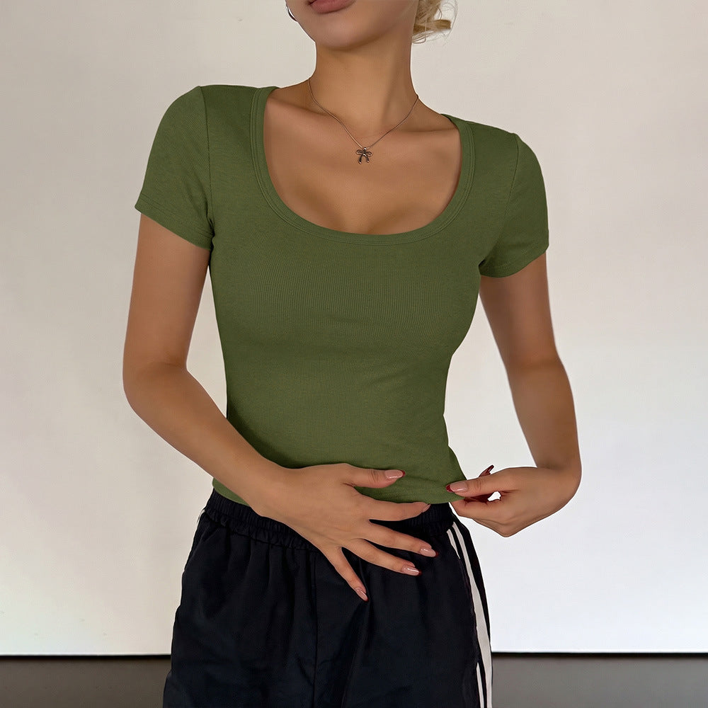 Women’s Ribbed Scoop Neck Crop Top – Slim Fit Short Sleeve Casual T-Shirt
