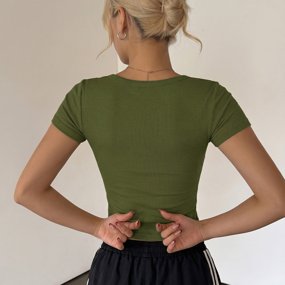 Women’s Ribbed Scoop Neck Crop Top – Slim Fit Short Sleeve Casual T-Shirt