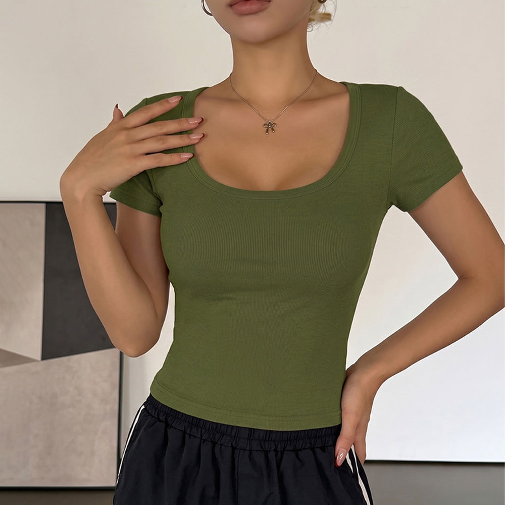 Women’s Ribbed Scoop Neck Crop Top – Slim Fit Short Sleeve Casual T-Shirt