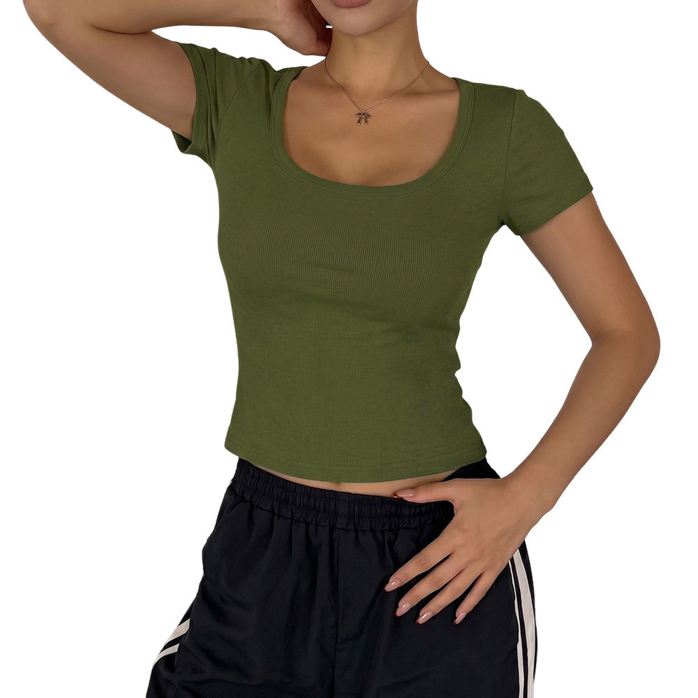 Women’s Ribbed Scoop Neck Crop Top – Slim Fit Short Sleeve Casual T-Shirt