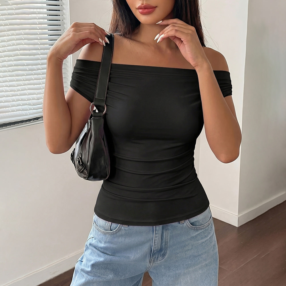 Women’s Off-Shoulder Ruched Top – Slim Fit Summer Short Sleeve Blouse