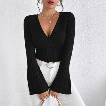 Women's Ribbed Knit V-Neck Long Sleeve Top – Flared Cuff Slim Fit Sweater Blouse