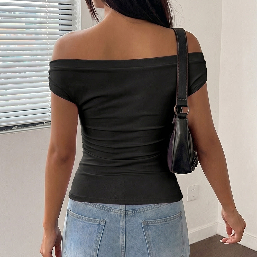Women’s Off-Shoulder Ruched Top – Slim Fit Summer Short Sleeve Blouse