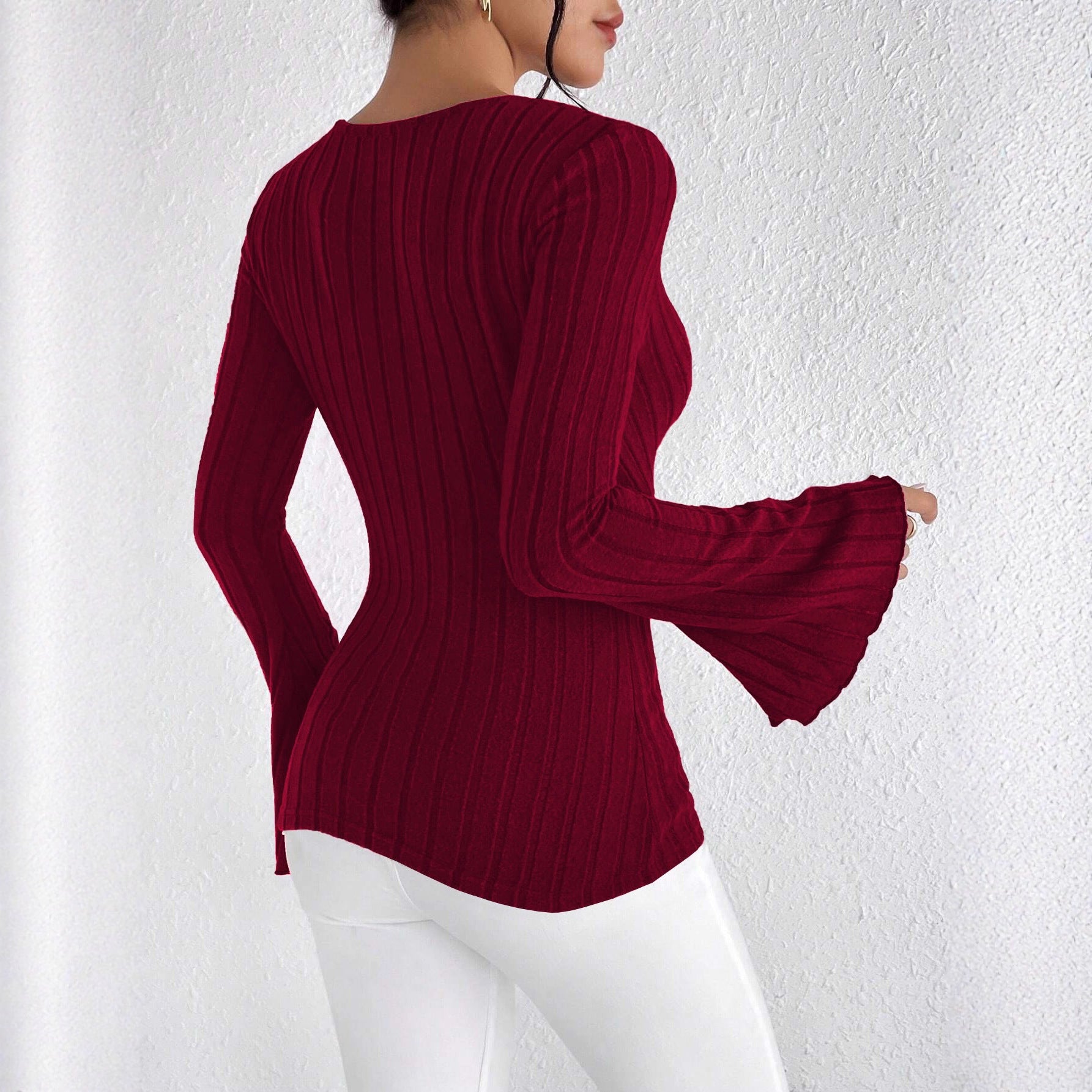 Women's Ribbed Knit V-Neck Long Sleeve Top – Flared Cuff Slim Fit Sweater Blouse