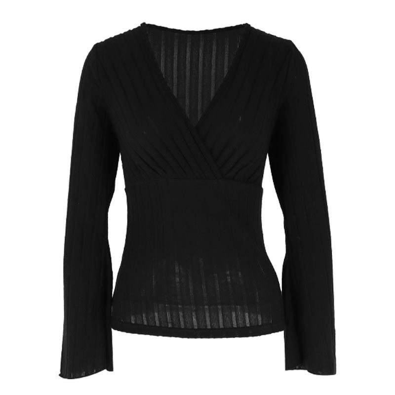 Women's Ribbed Knit V-Neck Long Sleeve Top – Flared Cuff Slim Fit Sweater Blouse