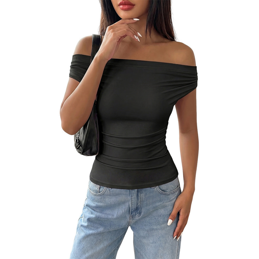 Women’s Off-Shoulder Ruched Top – Slim Fit Summer Short Sleeve Blouse