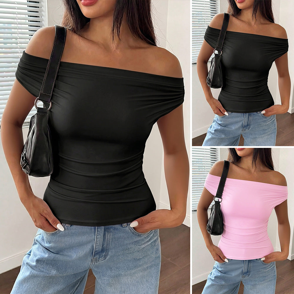 Women’s Off-Shoulder Ruched Top – Slim Fit Summer Short Sleeve Blouse