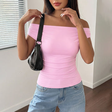 Women’s Off-Shoulder Ruched Top – Slim Fit Summer Short Sleeve Blouse