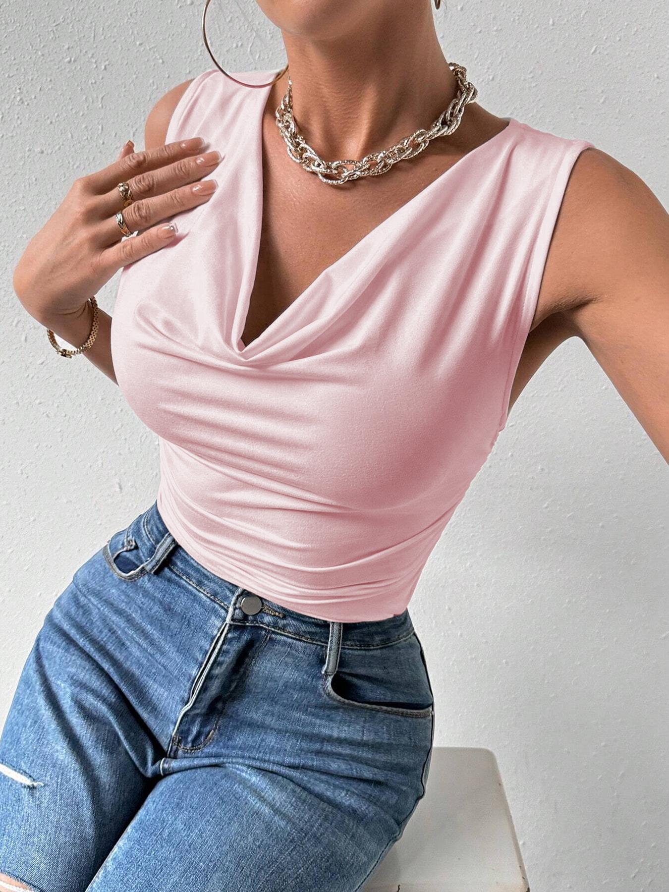 Women’s Cowl Neck Sleeveless Tank Top – Slim Fit Ruched Summer Blouse
