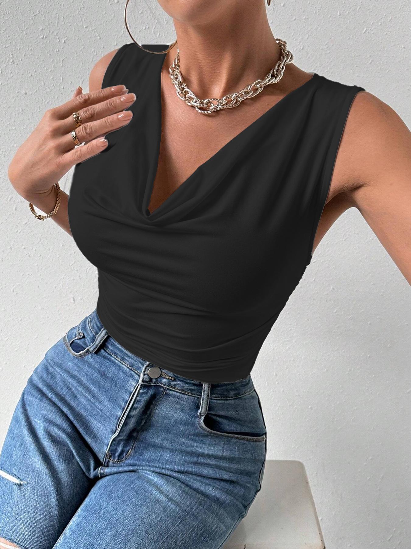 Women’s Cowl Neck Sleeveless Tank Top – Slim Fit Ruched Summer Blouse