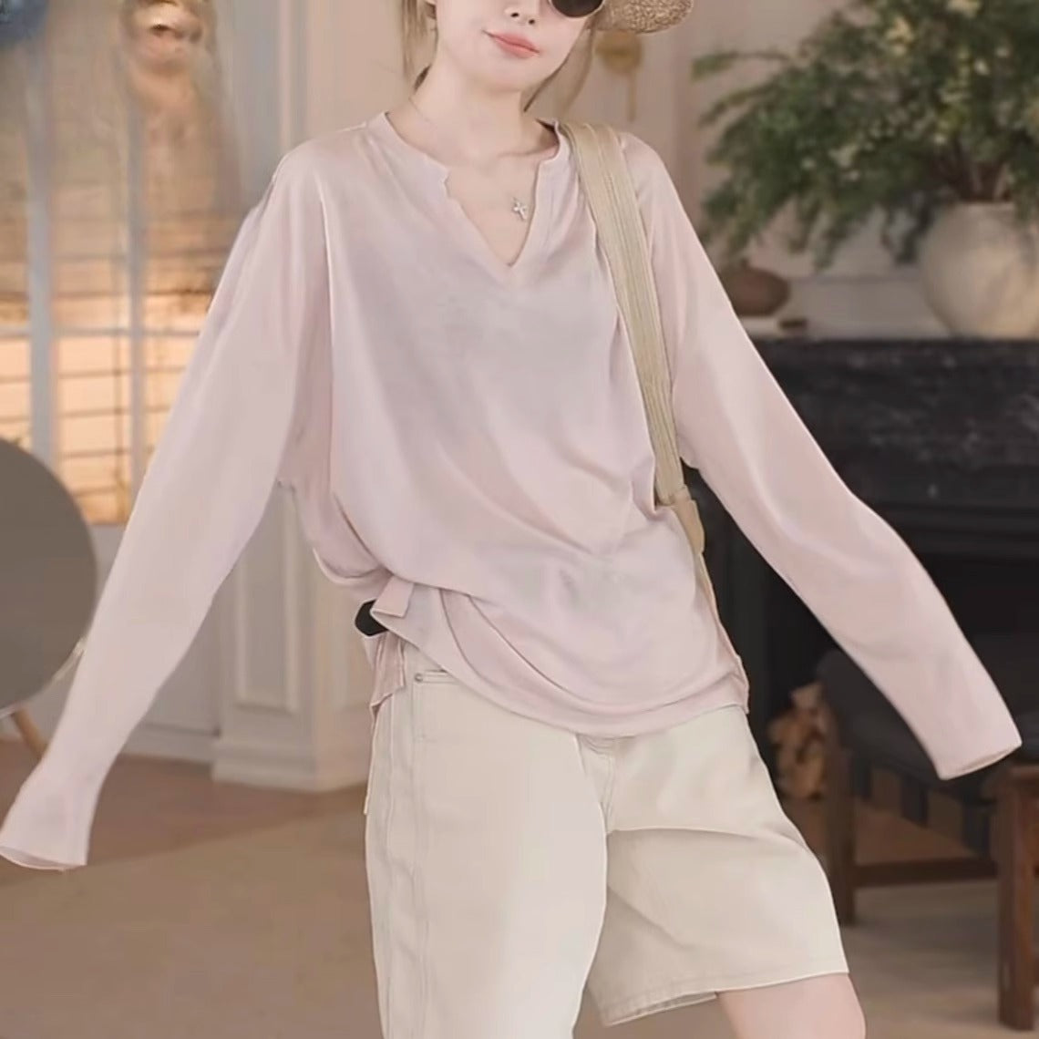 Women's Sheer V-Neck Long Sleeve Loose Top – Lightweight Casual Cover-Up Blouse