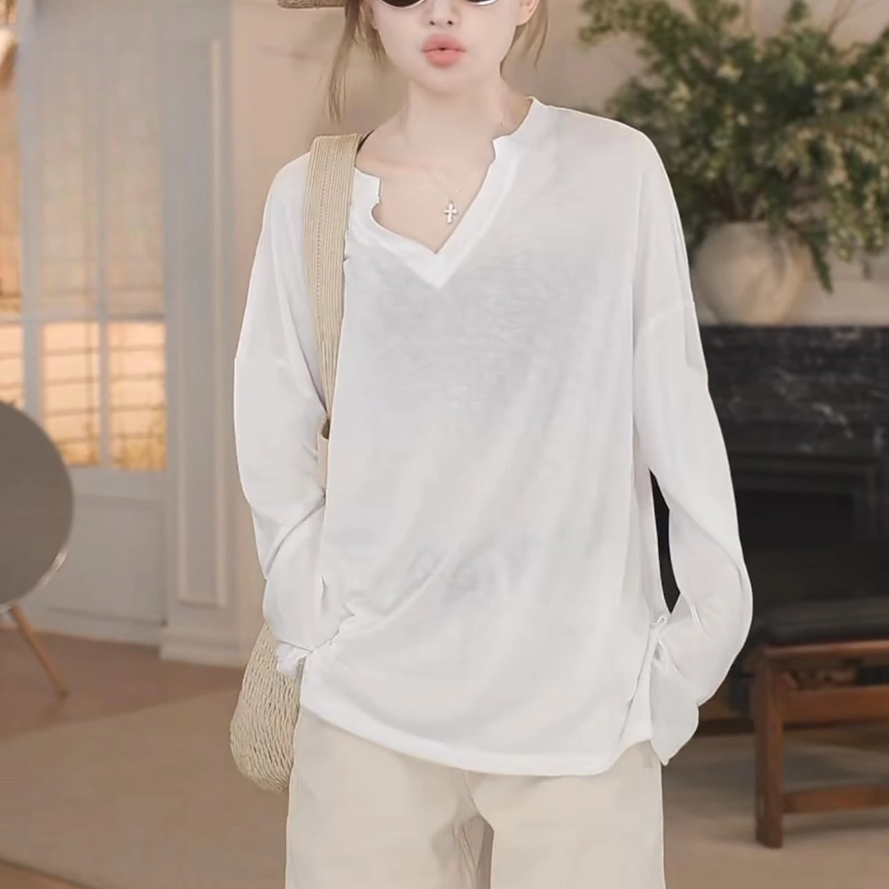 Women's Sheer V-Neck Long Sleeve Loose Top – Lightweight Casual Cover-Up Blouse