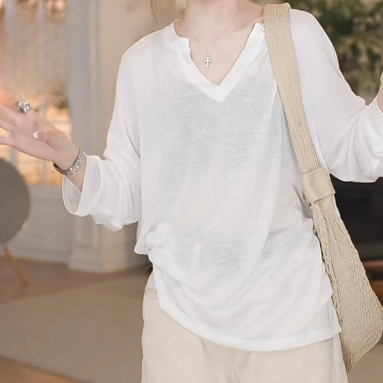 Women's Sheer V-Neck Long Sleeve Loose Top – Lightweight Casual Cover-Up Blouse