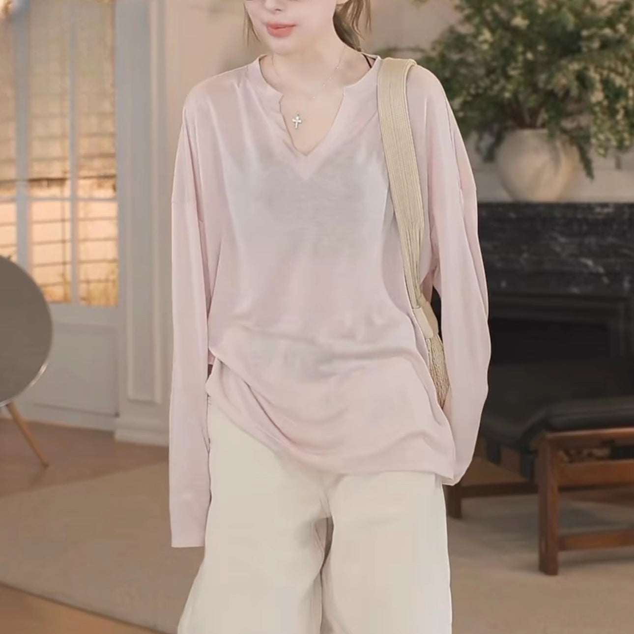 Women's Sheer V-Neck Long Sleeve Loose Top – Lightweight Casual Cover-Up Blouse