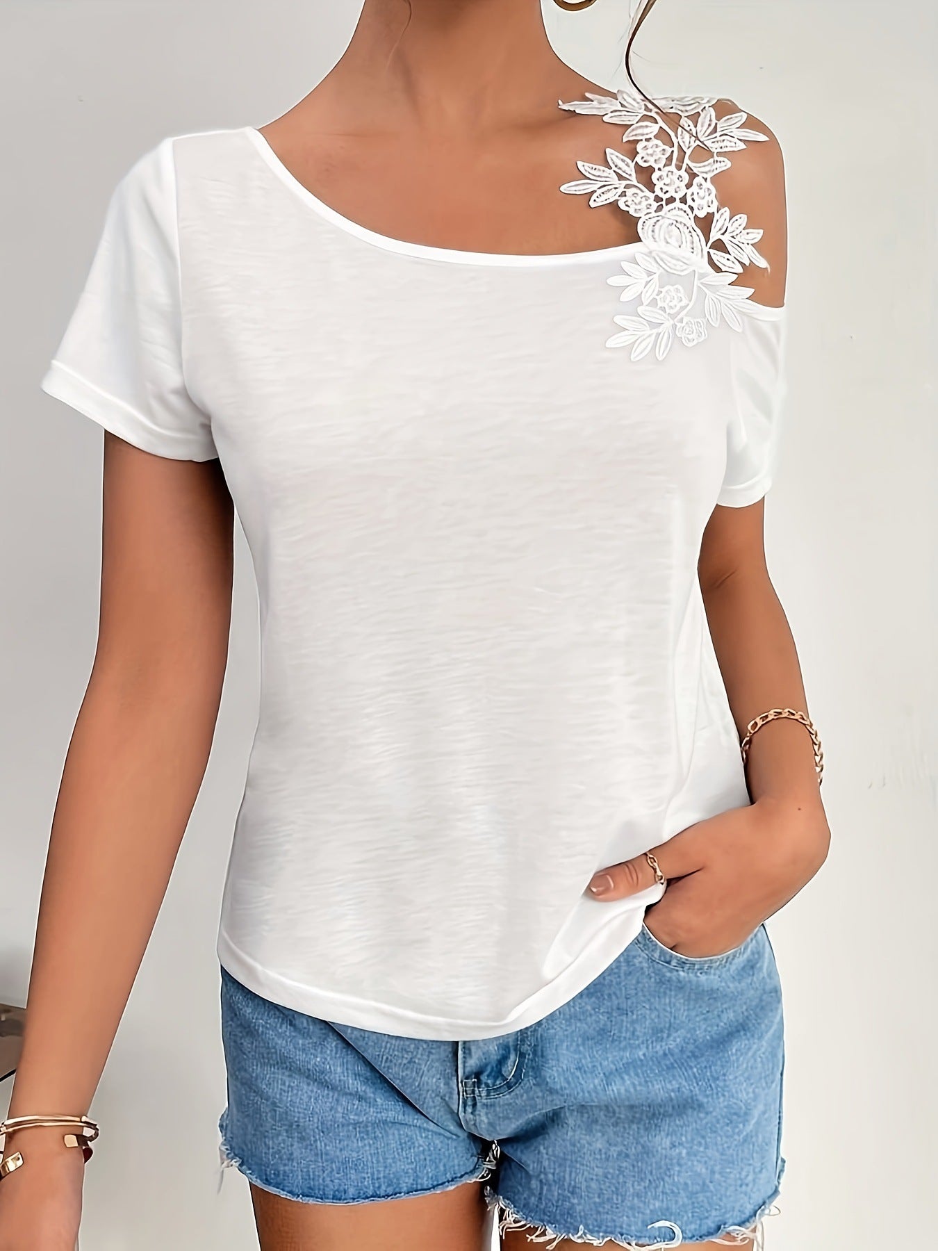 Women’s Lace Applique Asymmetrical Shoulder T-Shirt – Short Sleeve Casual Summer Top