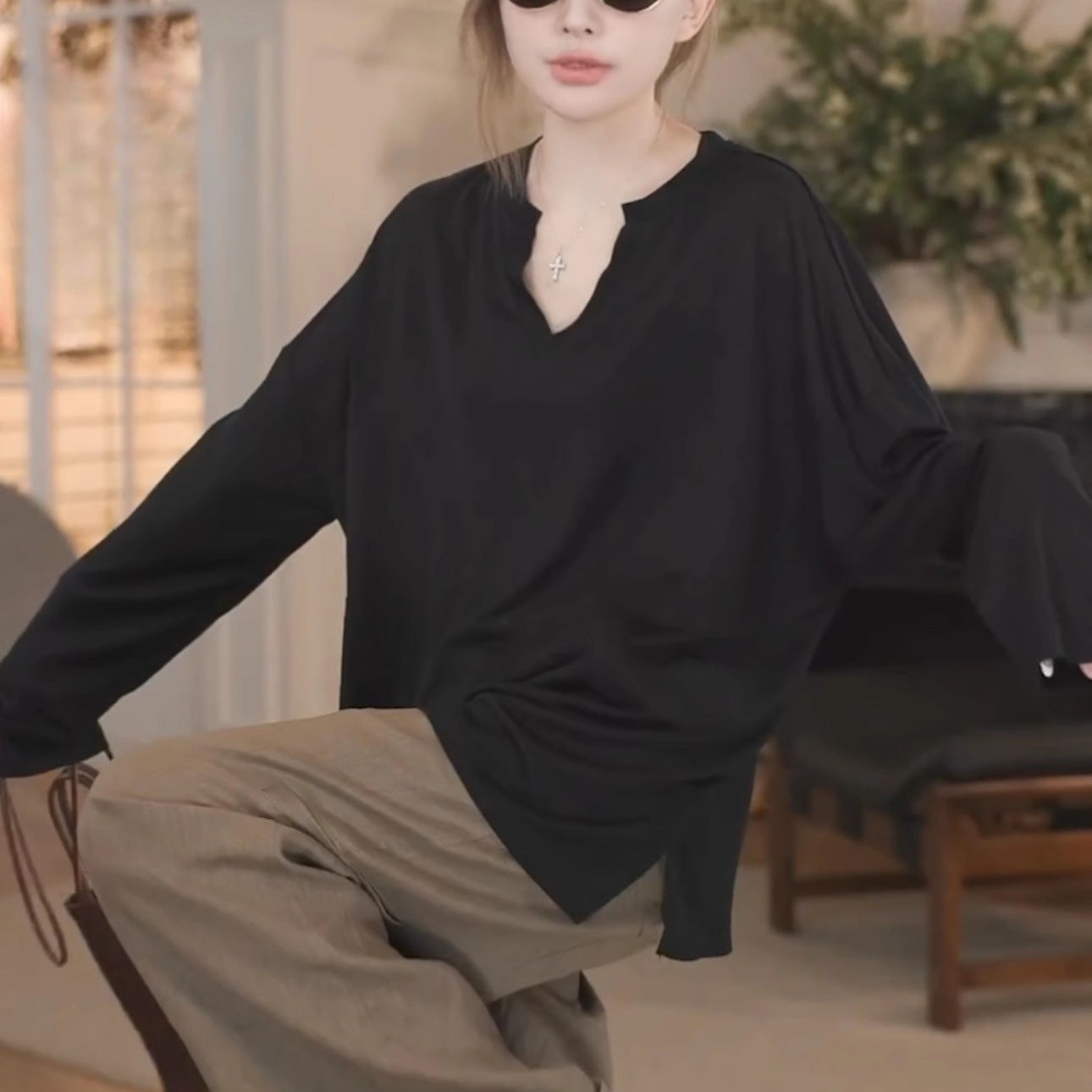 Women's Sheer V-Neck Long Sleeve Loose Top – Lightweight Casual Cover-Up Blouse