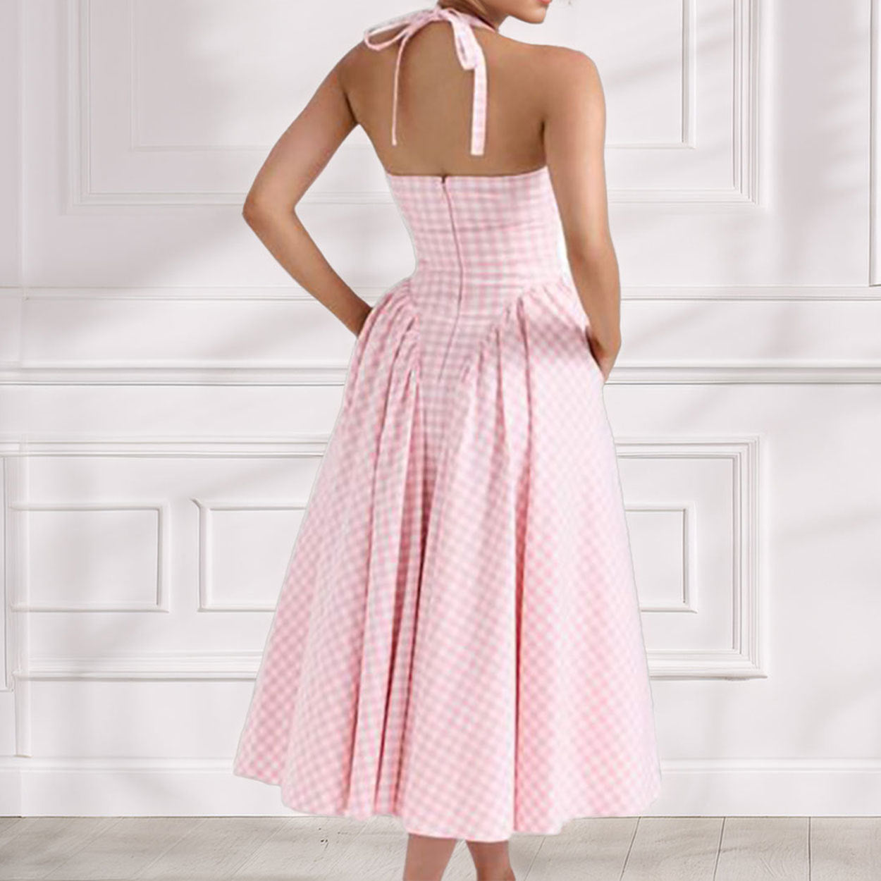 Women’s Pink Gingham Halter Maxi Dress – Backless Sleeveless Summer Flowy Dress
