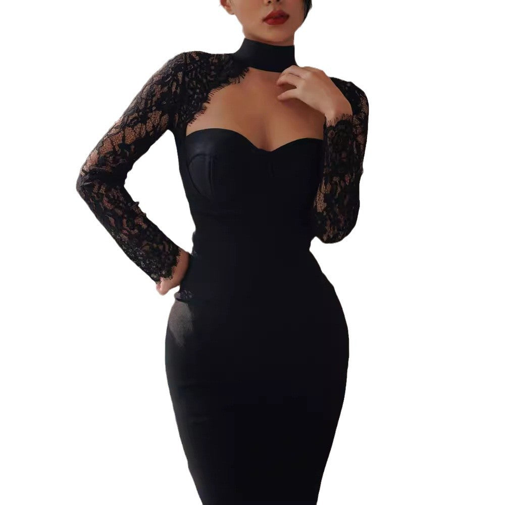 Women’s Lace Long Sleeve Bodycon Midi Dress – Elegant Cutout Party Dress