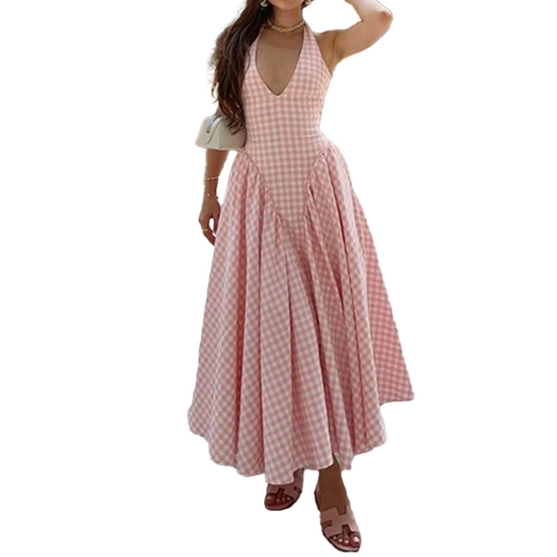 Women’s Pink Gingham Halter Maxi Dress – Backless Sleeveless Summer Flowy Dress