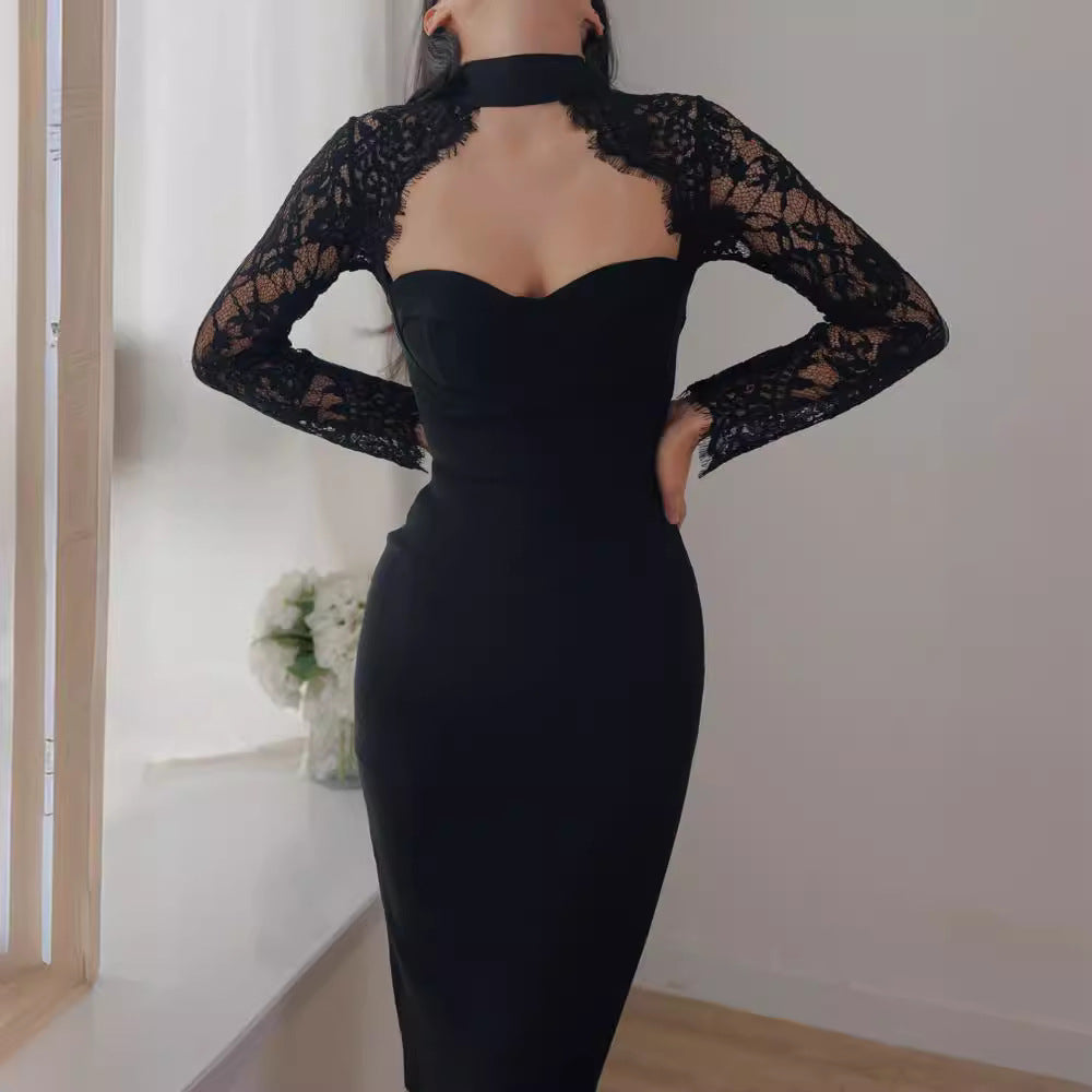 Women’s Lace Long Sleeve Bodycon Midi Dress – Elegant Cutout Party Dress