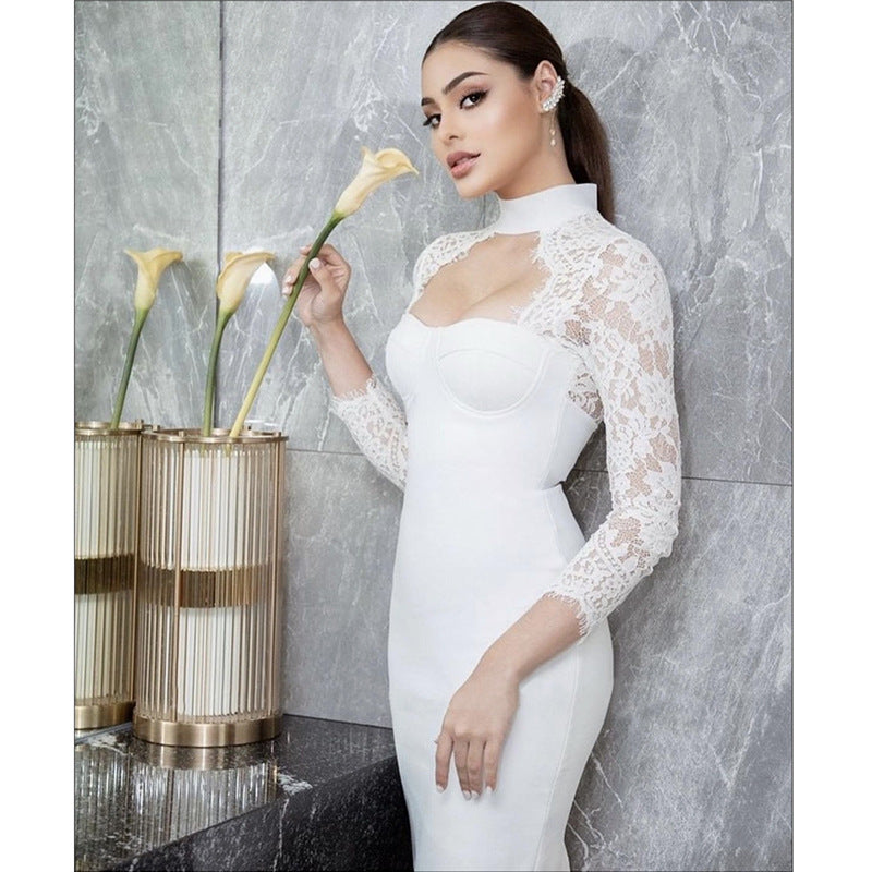 Women’s Lace Long Sleeve Bodycon Midi Dress – Elegant Cutout Party Dress