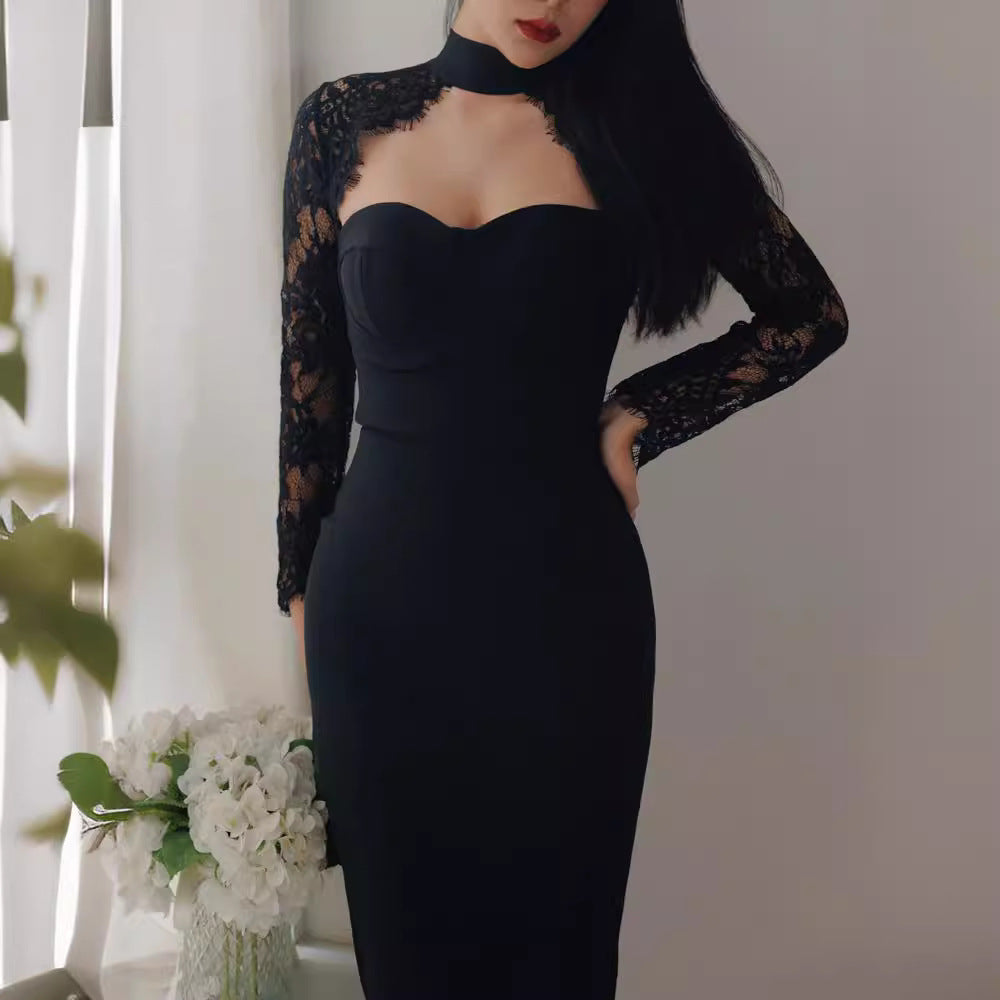 Women’s Lace Long Sleeve Bodycon Midi Dress – Elegant Cutout Party Dress