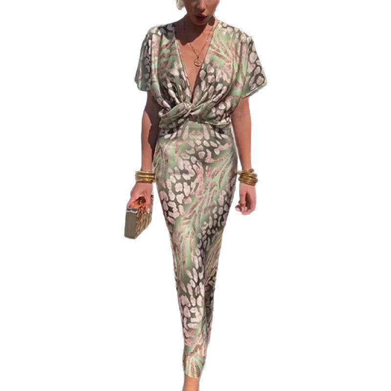 Women’s Printed V-Neck Maxi Dress – Short Sleeve Knot Front Elegant Summer Dress