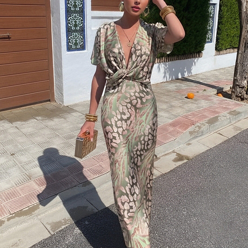 Women’s Printed V-Neck Maxi Dress – Short Sleeve Knot Front Elegant Summer Dress