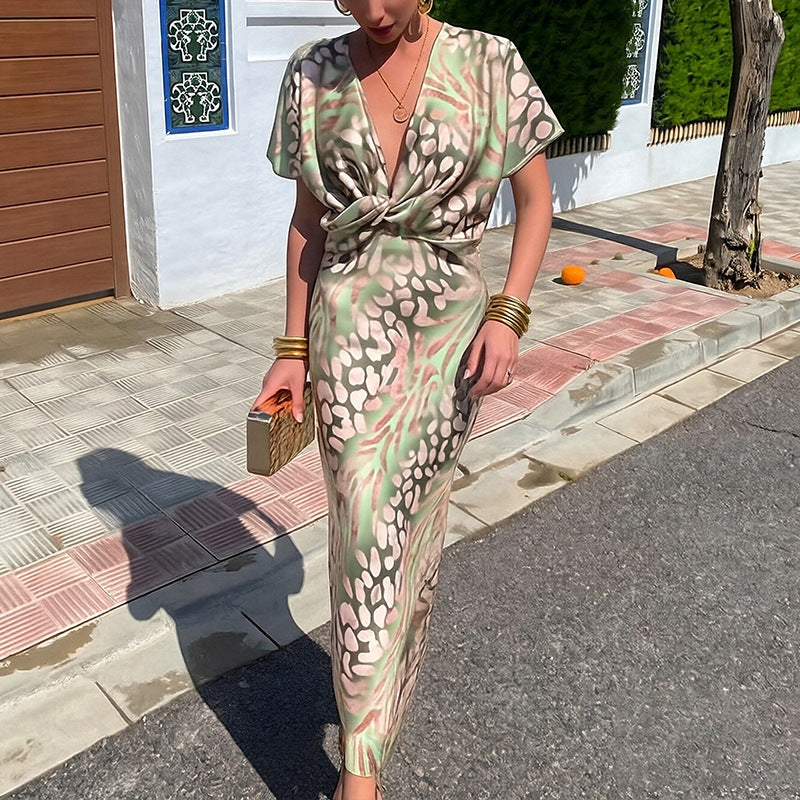 Women’s Printed V-Neck Maxi Dress – Short Sleeve Knot Front Elegant Summer Dress