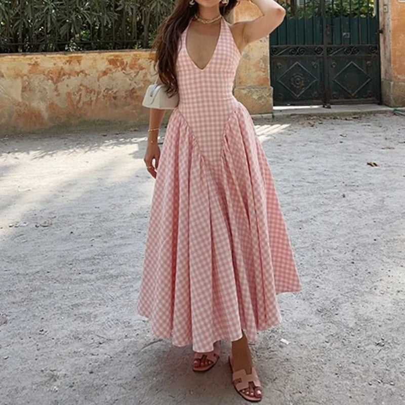 Women’s Pink Gingham Halter Maxi Dress – Backless Sleeveless Summer Flowy Dress
