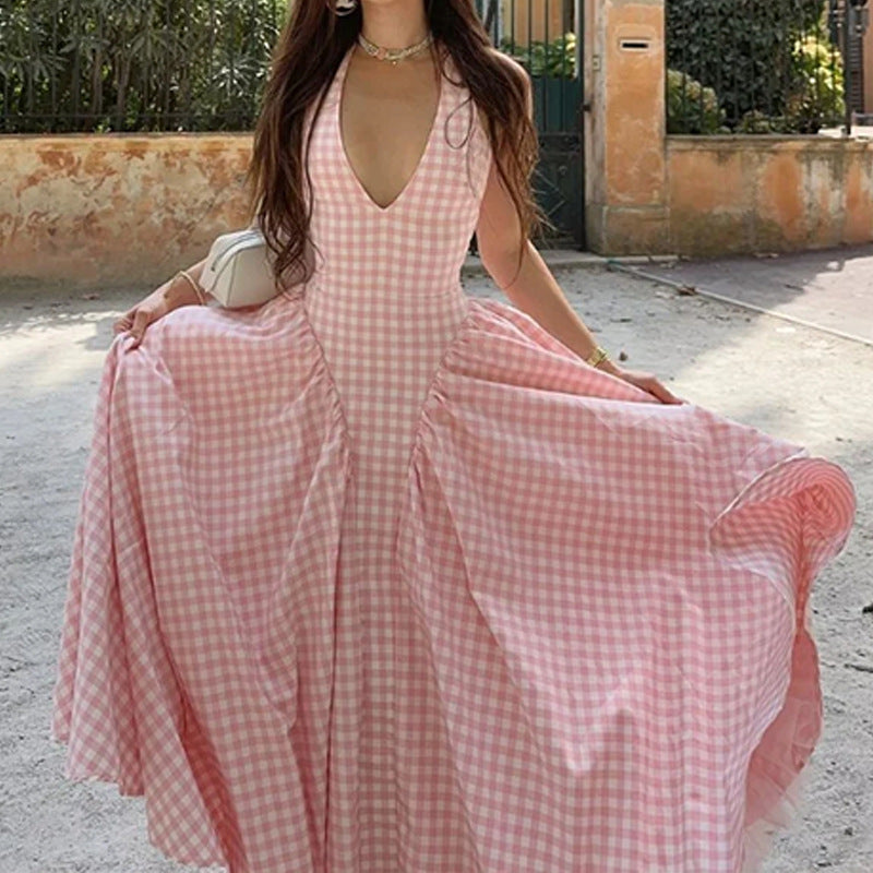 Women’s Pink Gingham Halter Maxi Dress – Backless Sleeveless Summer Flowy Dress
