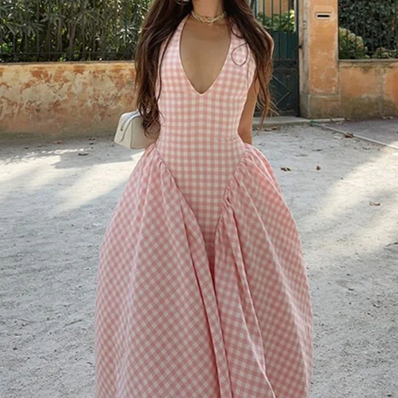 Women’s Pink Gingham Halter Maxi Dress – Backless Sleeveless Summer Flowy Dress