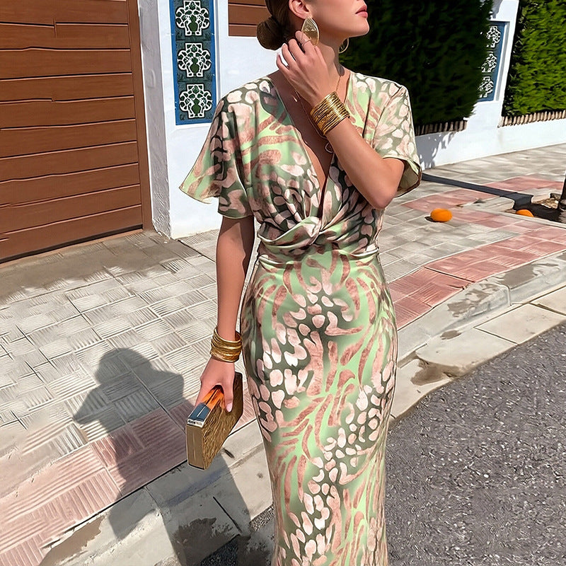 Women’s Printed V-Neck Maxi Dress – Short Sleeve Knot Front Elegant Summer Dress